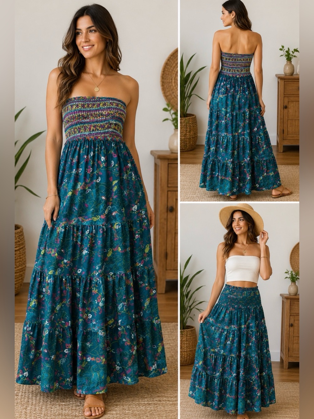667 100% Silk Strapless Convertible Maxi Boho Floral Tiered Smocked Tube Dress